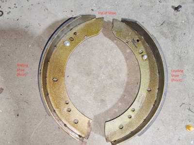 The Land Rover Series brake shoes showing which show is the leading shoe and which shoe is the trailing brake shoe