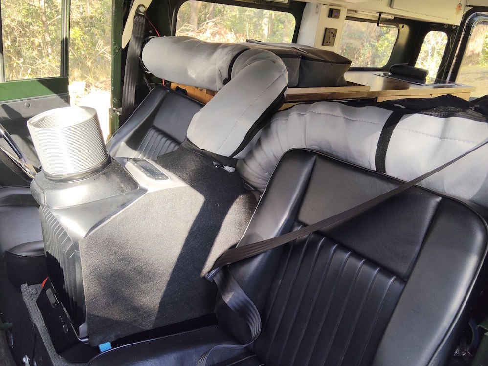 EcoFlow Wave 3 portable air conditioner installed in tin shed classic Land Rover