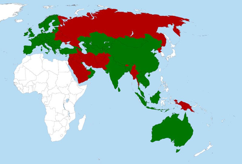 Geopolitical overland travel planning map displaying restricted zones and green corridors across Central Asia