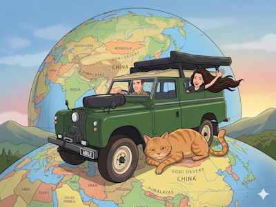 Global 30,000km overland journey route centerpiece map tracking from Australia to England in a vintage Land Rover