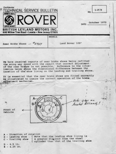 A technical bulletin advising Land Rover mechanics on how to properly configure brake shoes in the correct order