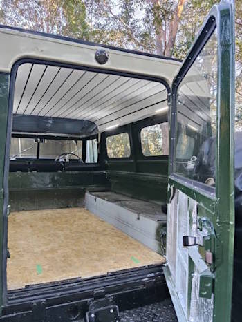 The ceiling of a Long Wheel Base Land Rover which is being converted into a campervan