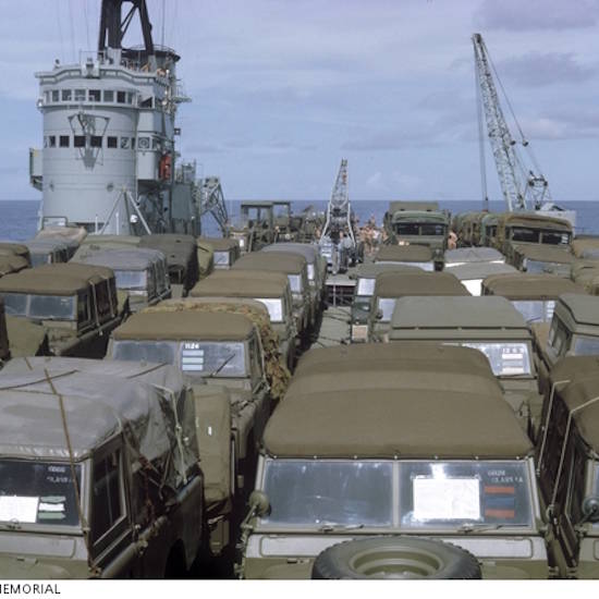 Land Rovers on board HMAS Sydney being shipped from Australia to Vietnam