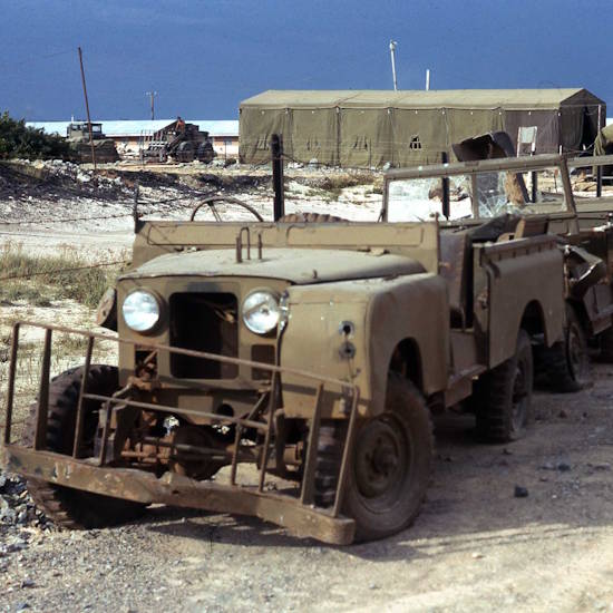 A Series 2 Land Rover in the Vietnam war with damage to the front