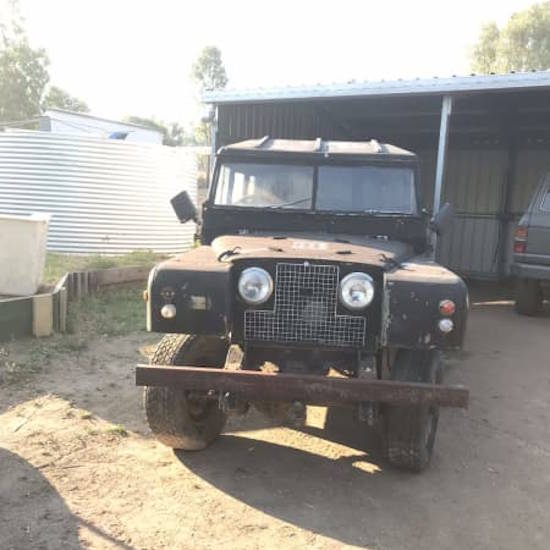 The front of a 1960 Series 2 Land Rover barn find that has been sitting in a field for 15 years