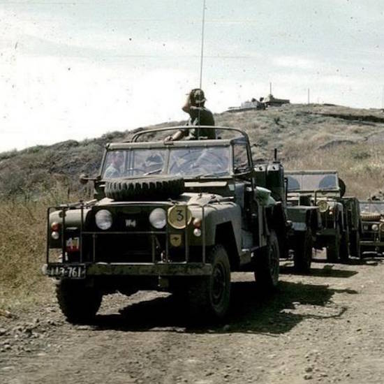 Series Land Rover in Vietnam in a convoy carrying AN/KPQ1 radar equipment